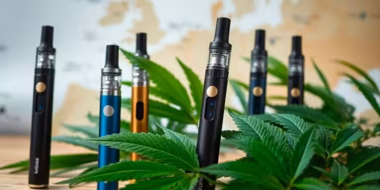 High-quality cannabis vape pens displayed among vibrant cannabis leaves, emphasizing safe vaping products from Great Canadian Buds for cannabis enthusiasts.